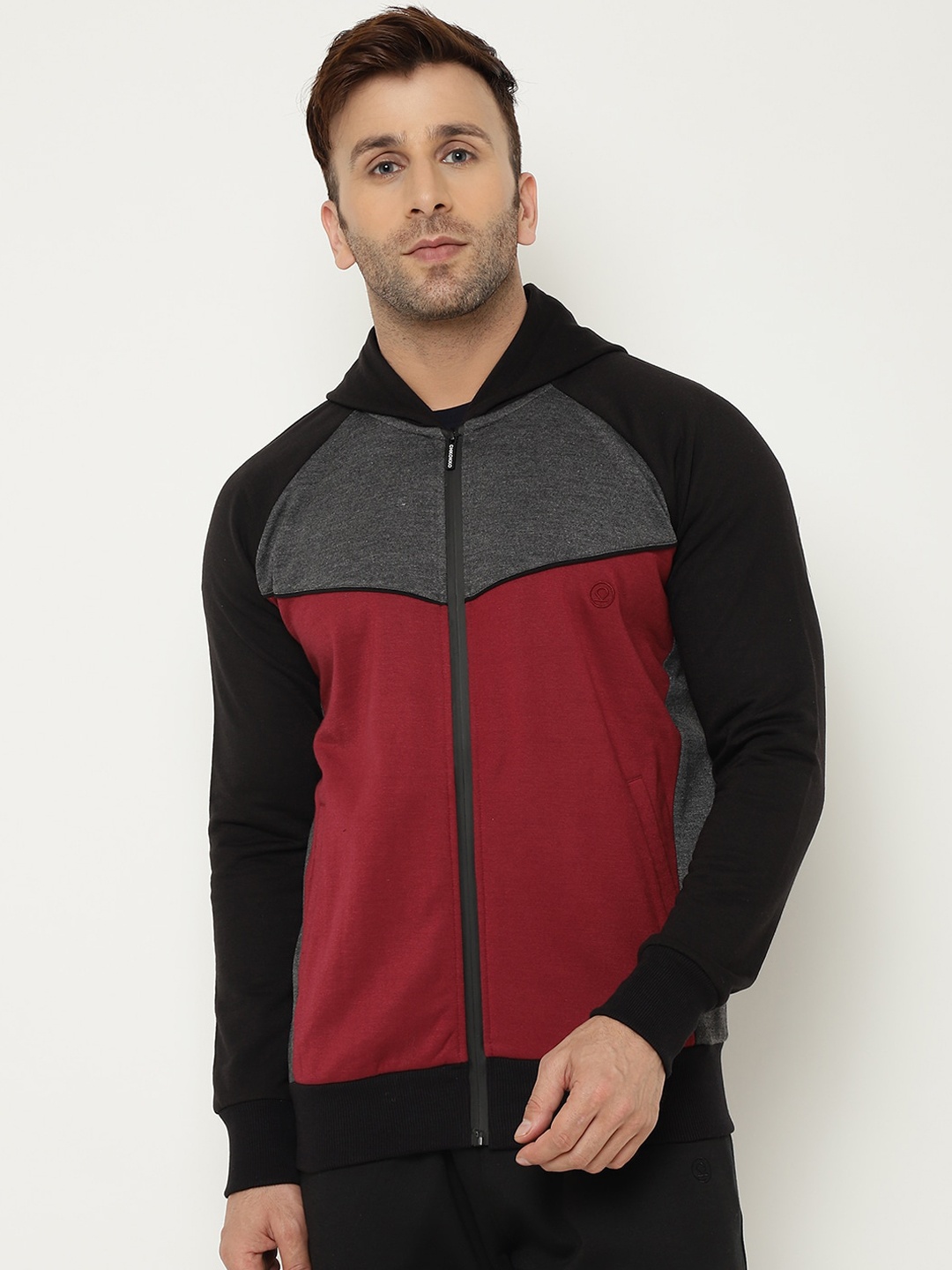 

CHKOKKO Men Hooded Colourblocked Fleece Bomber Jacket, Black