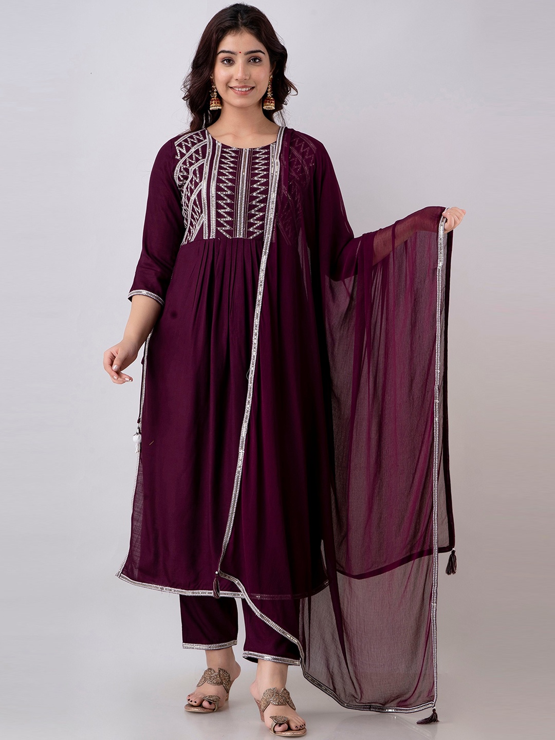 

Charu Women Embroidered Kurta with Trousers & With Dupatta, Violet