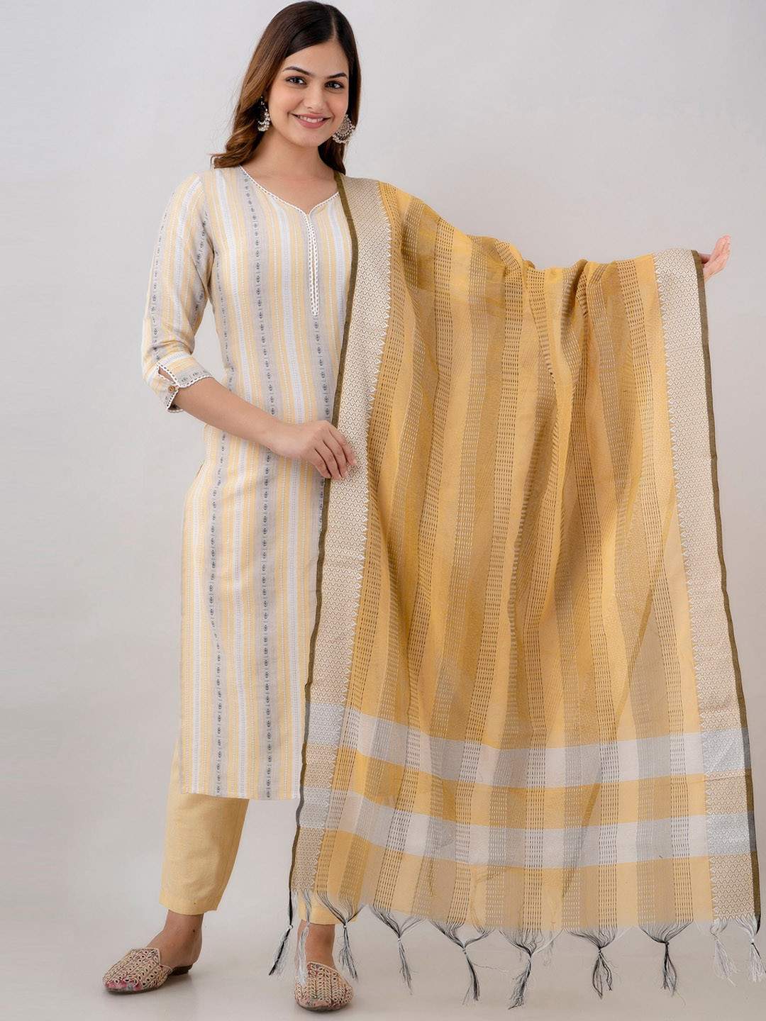 

Charu Women Striped Kurta with Trousers & With Dupatta, Yellow