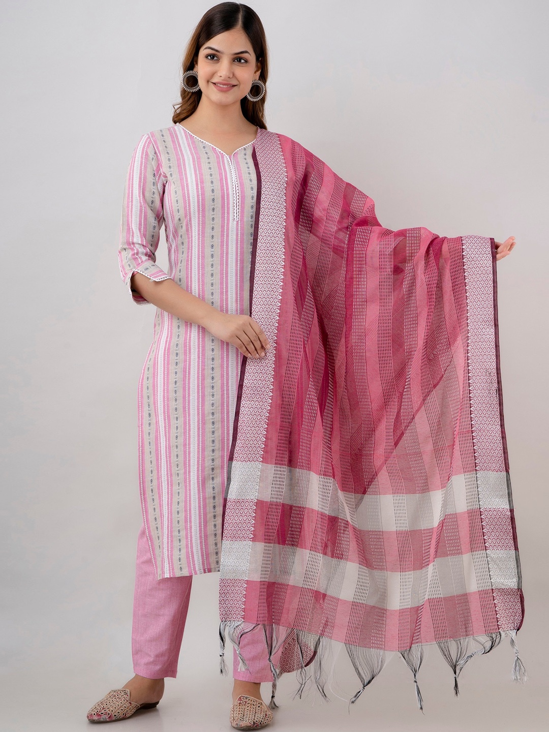 

Charu Women Striped Kurta with Trousers & With Dupatta, Pink