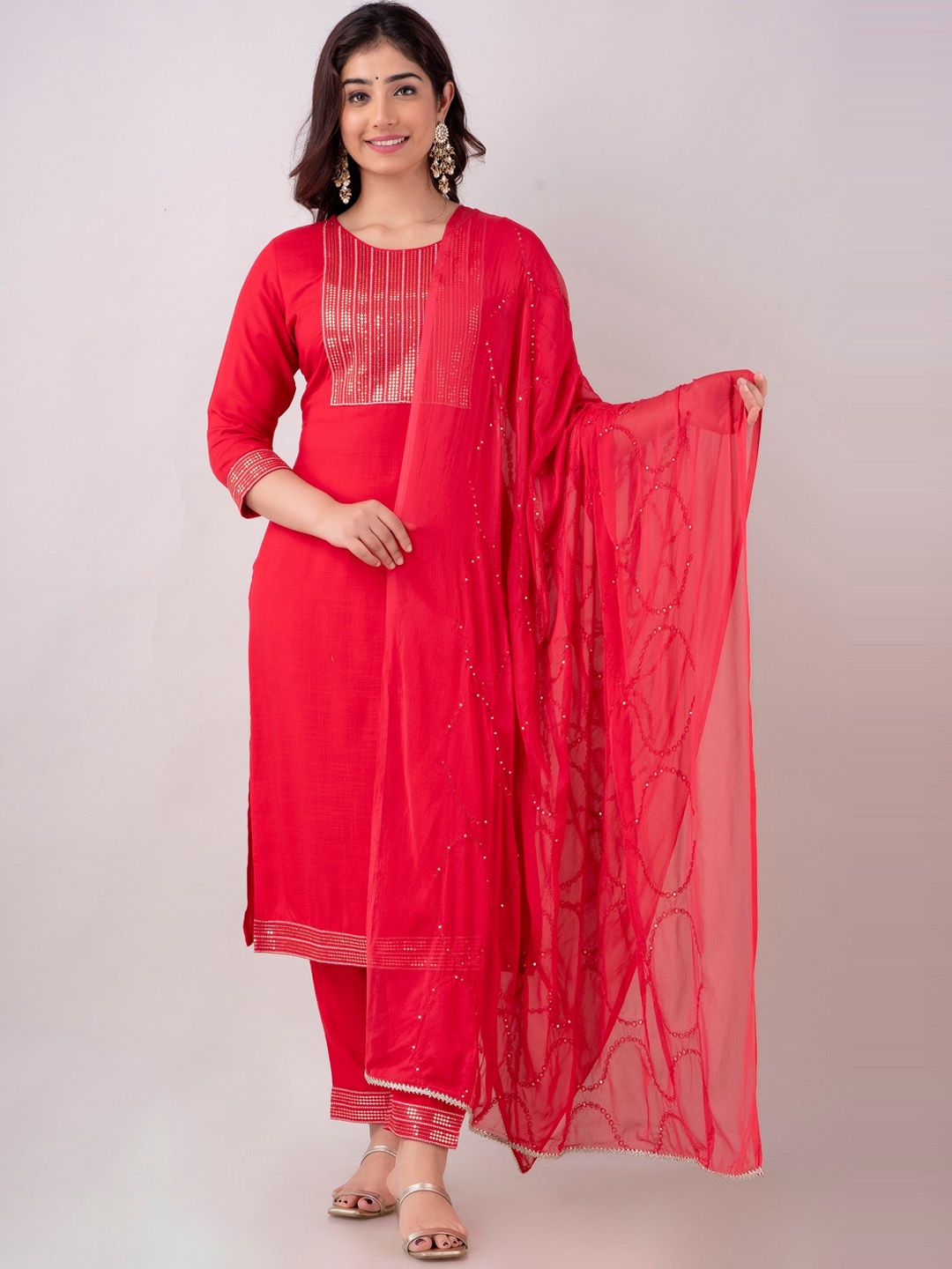 

Charu Women Embroidered Sequinned Kurta with Trousers & With Dupatta, Pink