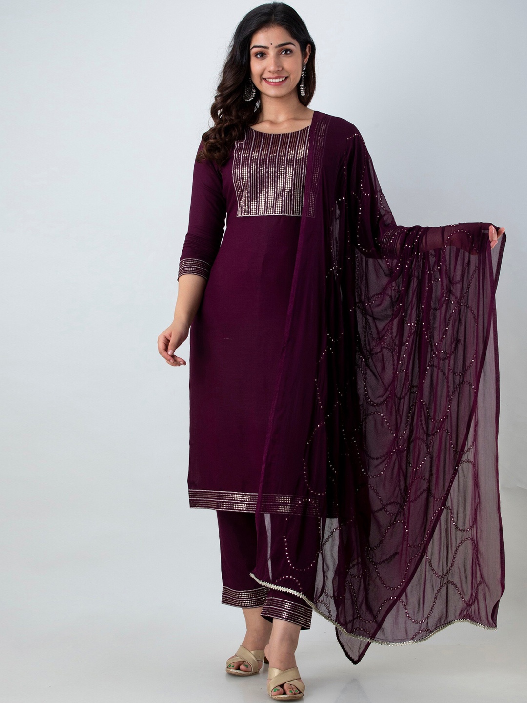 

Charu Women Embroidered Sequinned Kurta with Trousers & With Dupatta, Violet