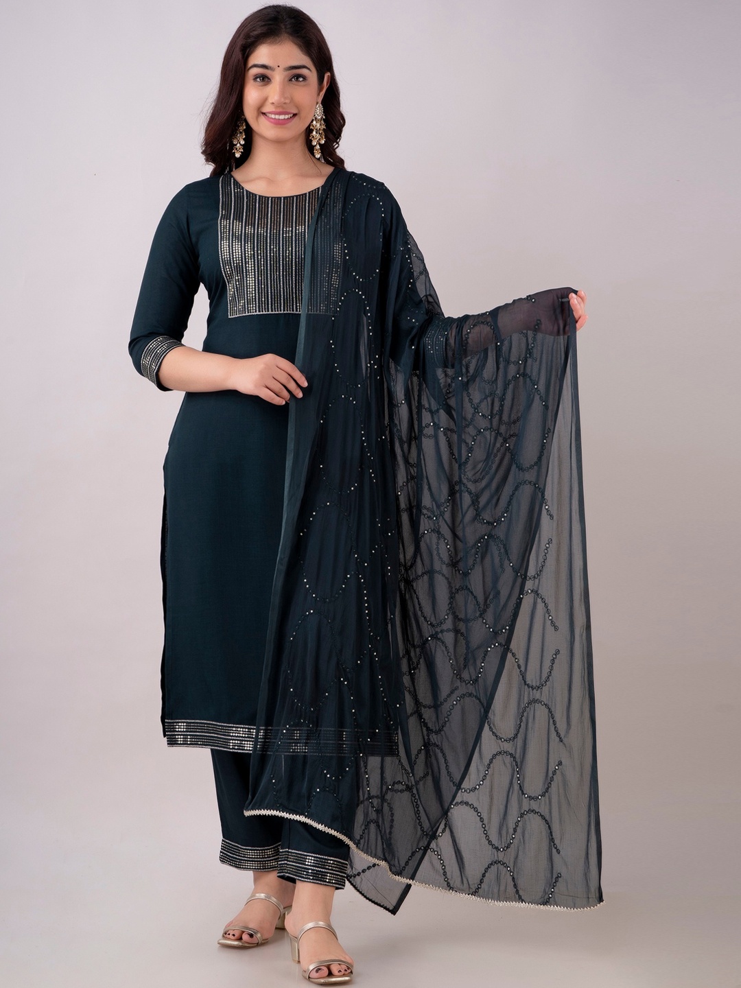 

Charu Women Embroidered Sequinned Kurta with Trousers & With Dupatta, Teal