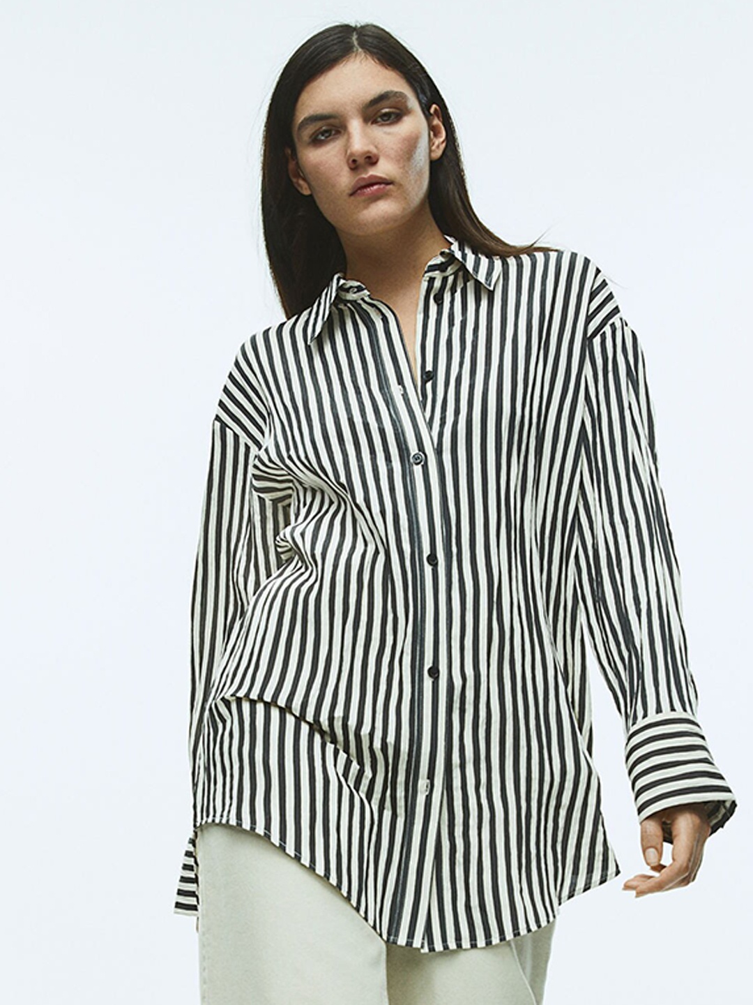 

H&M Women Black Striped Casual Shirt