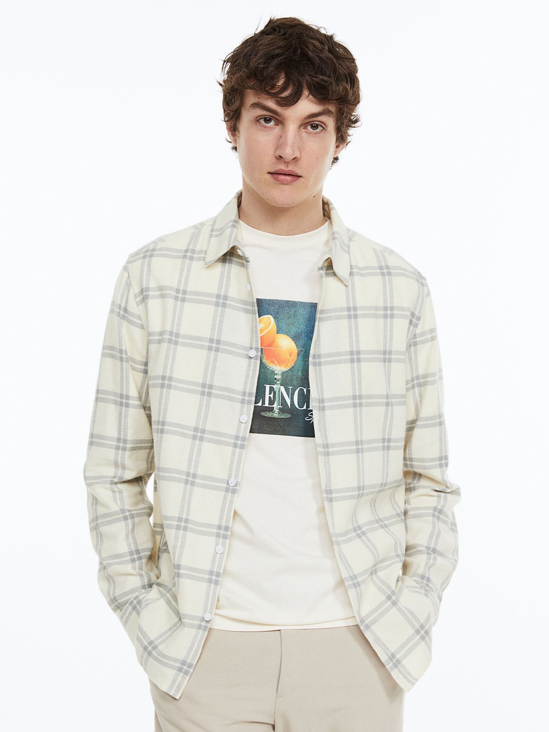 

H&M Men Regular Fit Checked Shirt, Beige