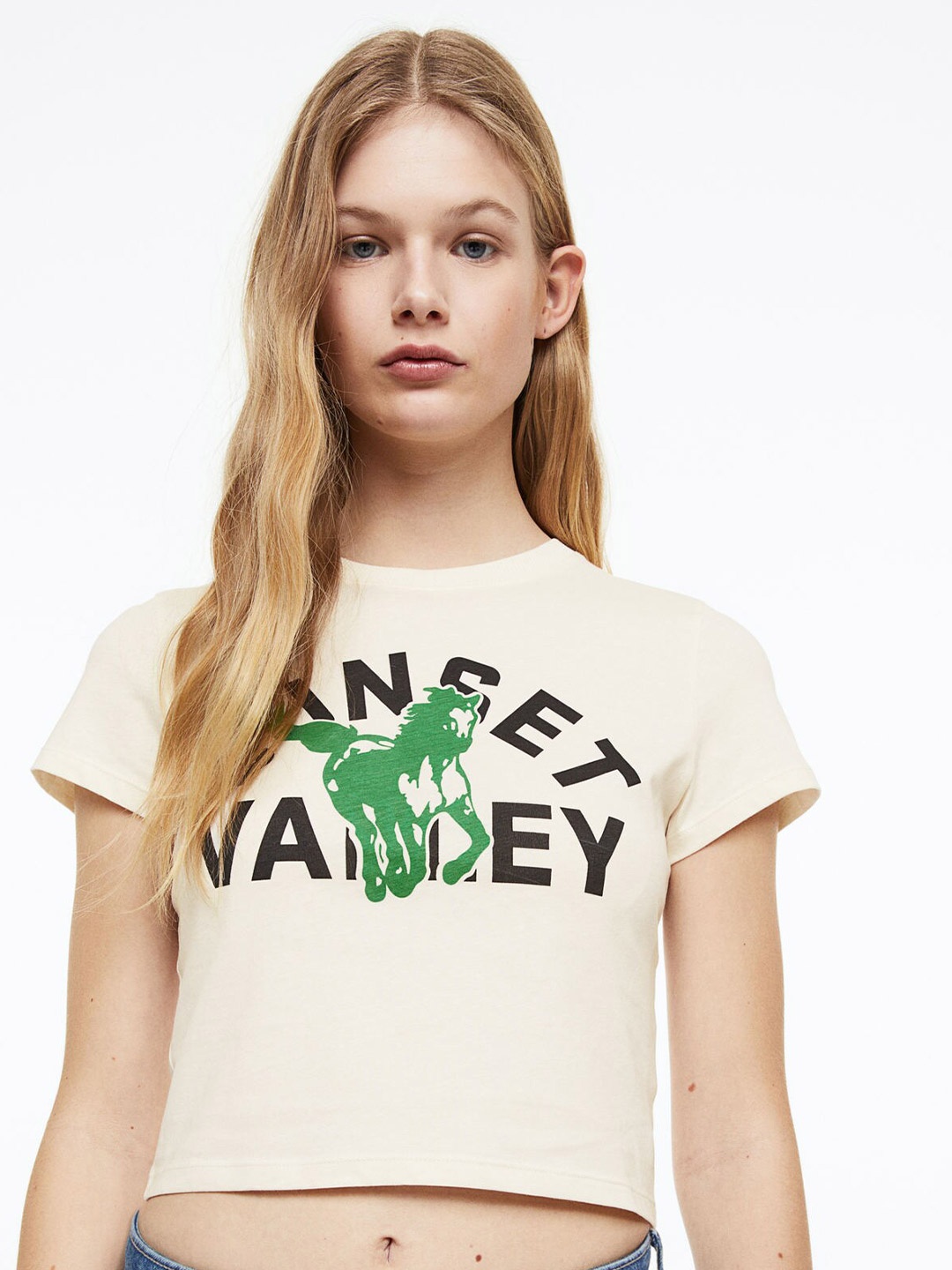 

H&M Women Printed Cropped Top, Beige