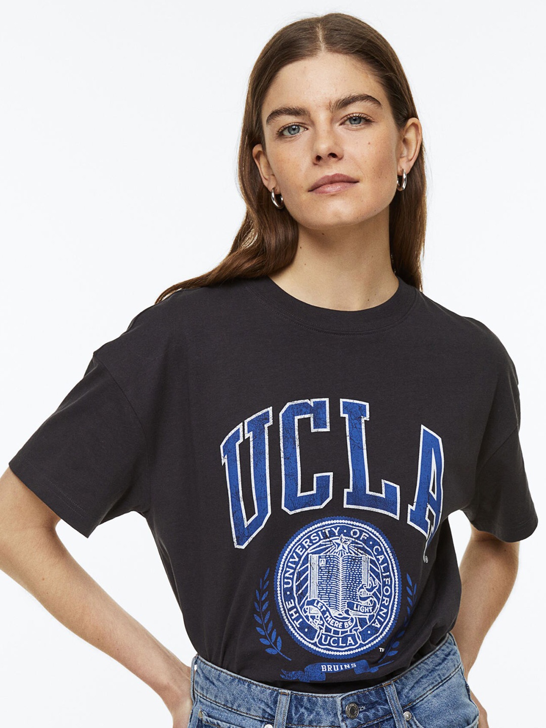 

H&M Women Pure Cotton Oversized Printed T-shirt, Grey