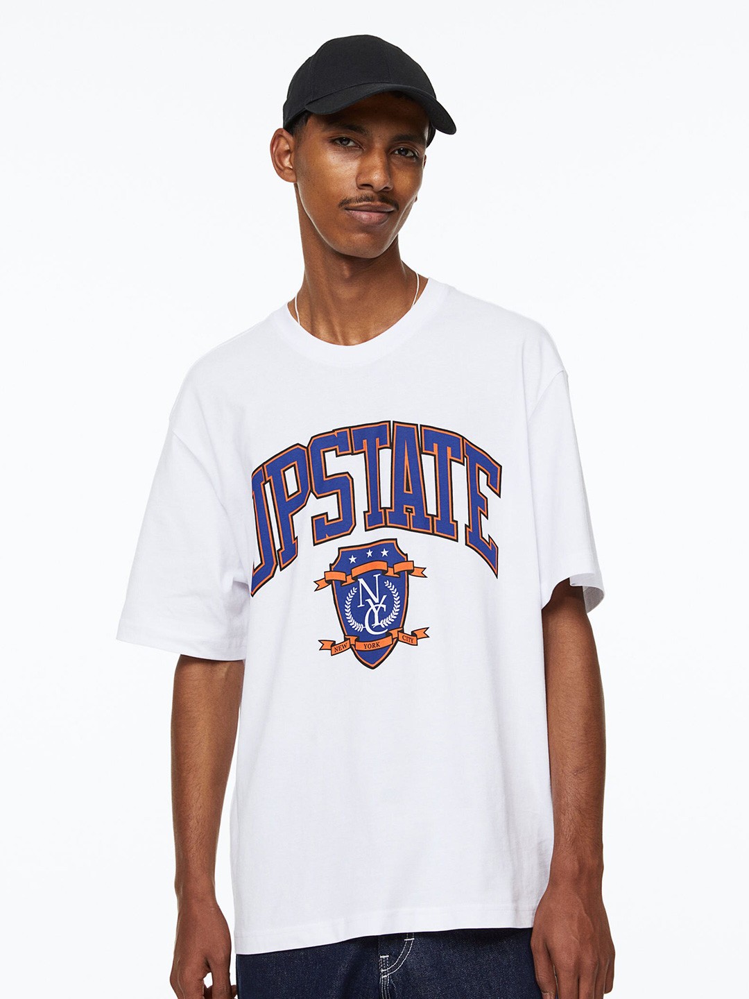 

H&M Men Pure Cotton Printed Relaxed Fit T-shirt, White