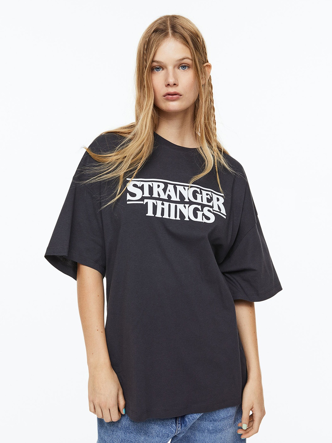 

H&M Pure Cotton Oversized Printed T-shirt, Grey