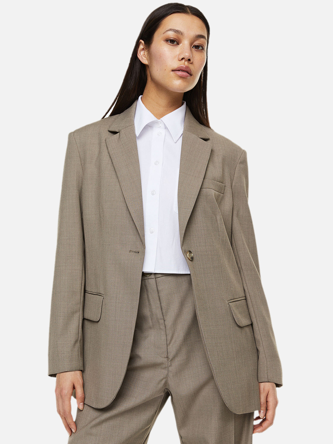 

H&M Women Oversized Single-Breasted Blazer, Beige