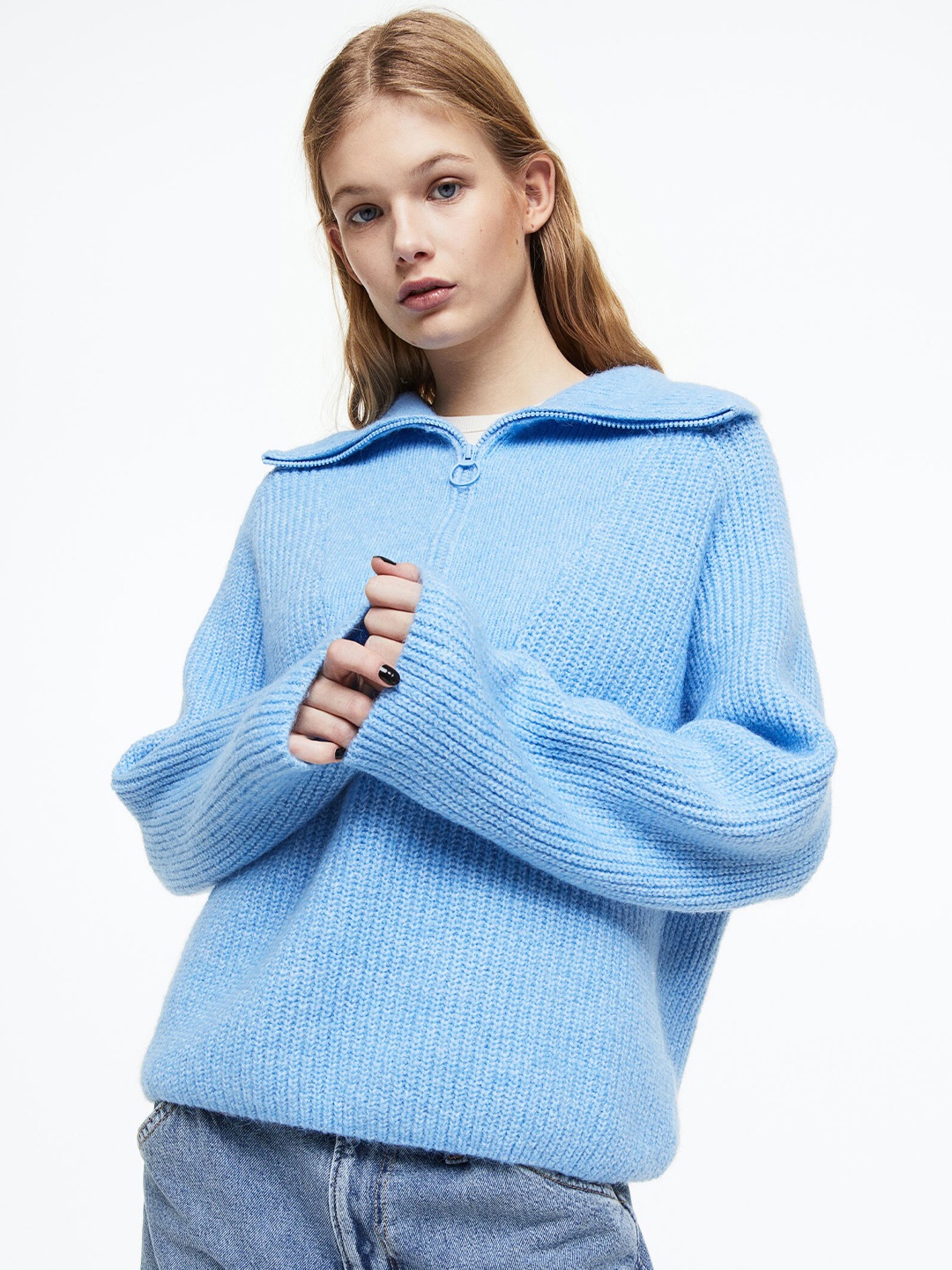

H&M Women Zip-Top Rib-Knit Jumper, Blue