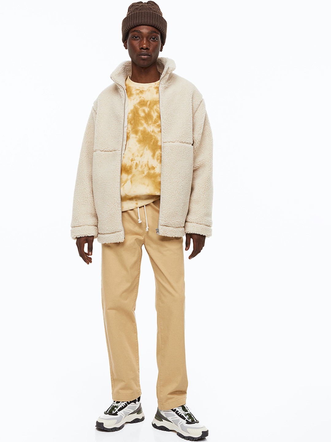 

H&M Men Regular Fit Cotton Twill Pull-On Trousers, Beige