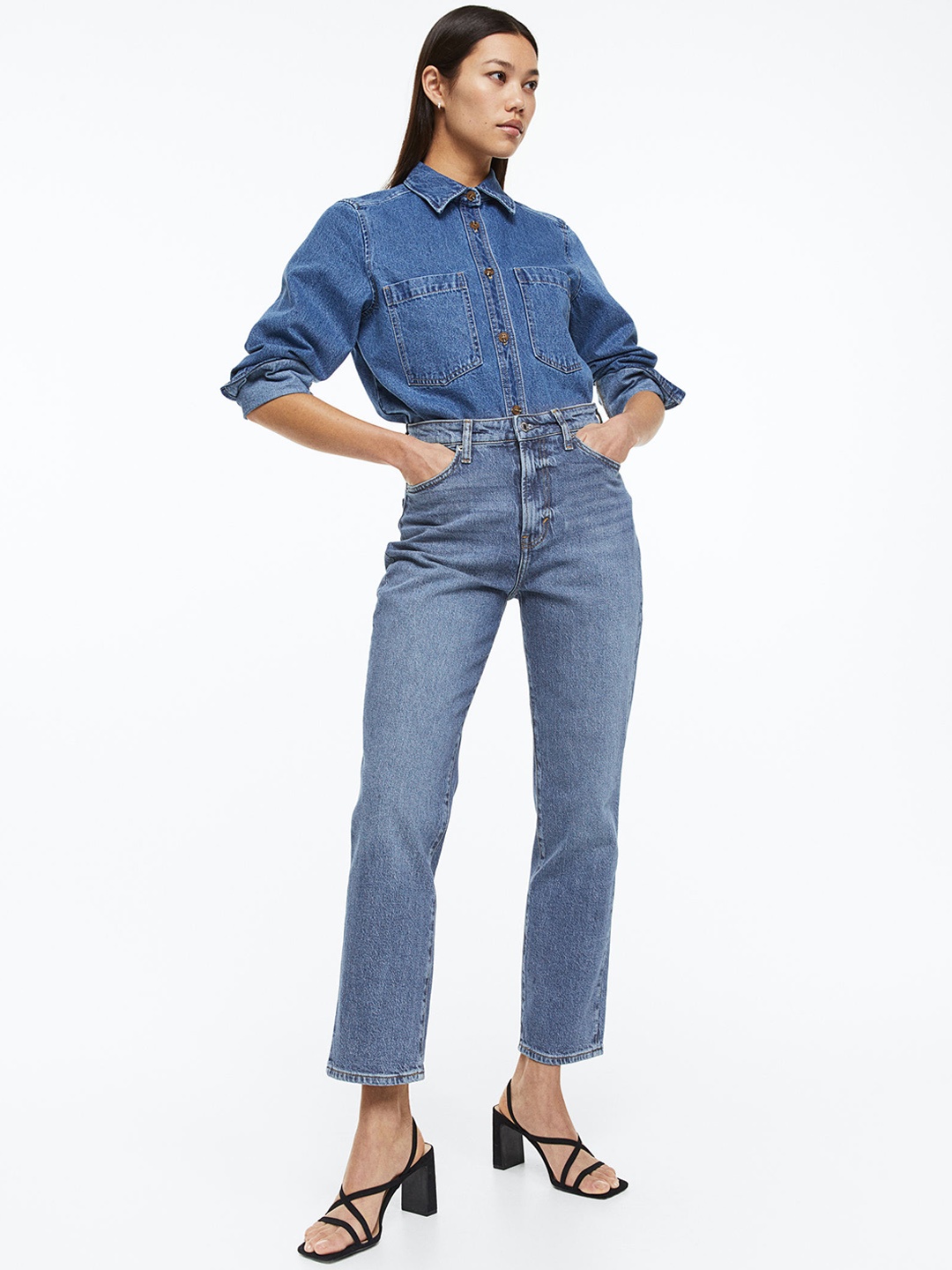 

H&M Women Mom Ultra High Ankle Jeans, Blue