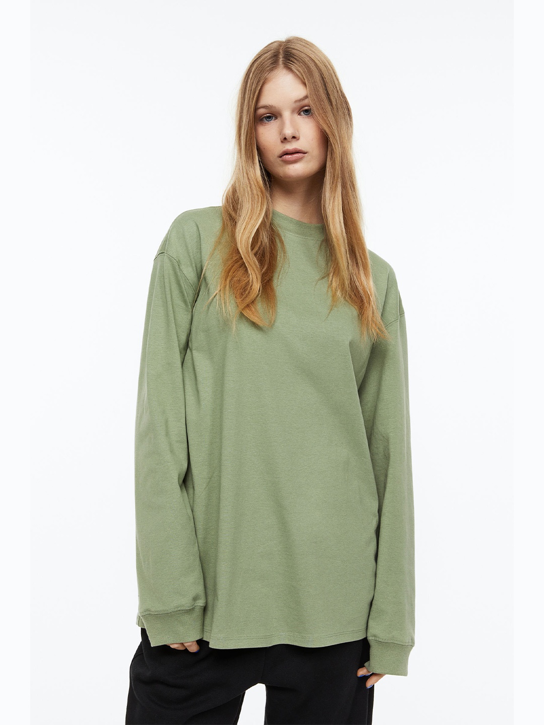 

H&M Pure Cotton Long-Sleeved Jersey Top, Green