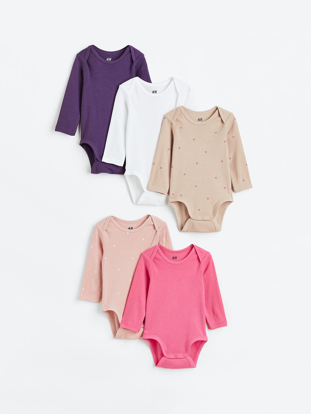 

H&M Boys 5-Pack Long-Sleeved Bodysuits, Beige