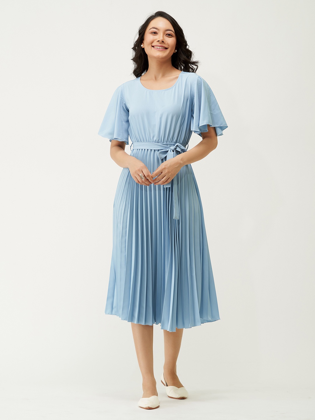 

AASK Blue Round Neck Midi Dress