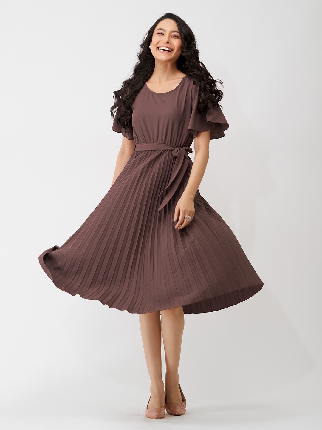 

AASK Coffee Round Neck Midi Dress, Coffee brown