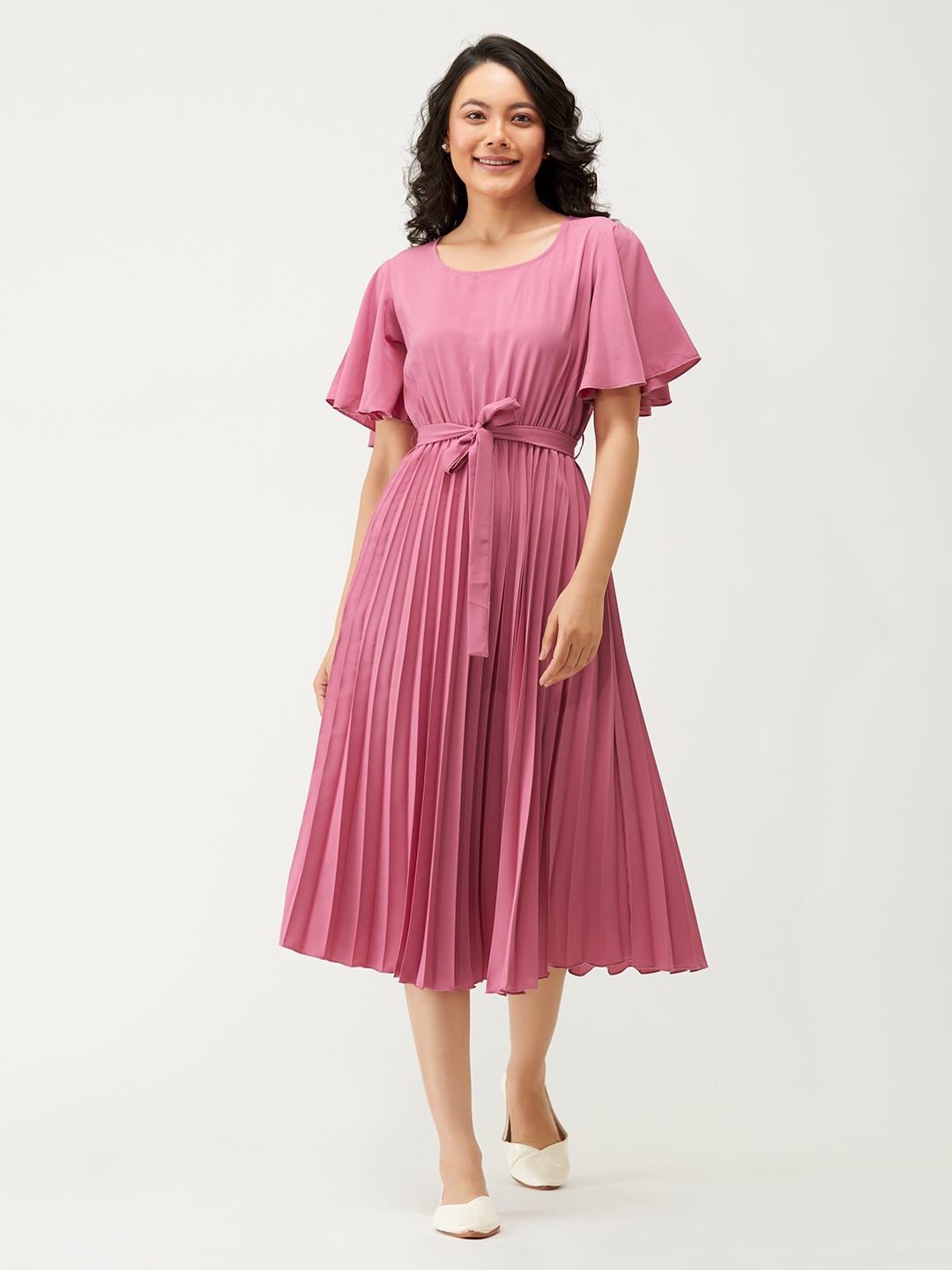 AASK Round Neck Midi Dress, Pink