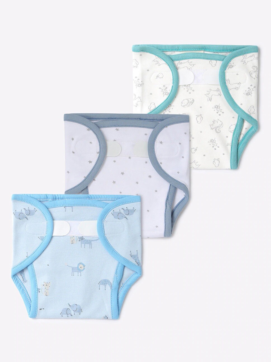 

JusCubs Infants Kids Set Of 3 Pure Cotton Front Open Absorbable Nappy, Blue