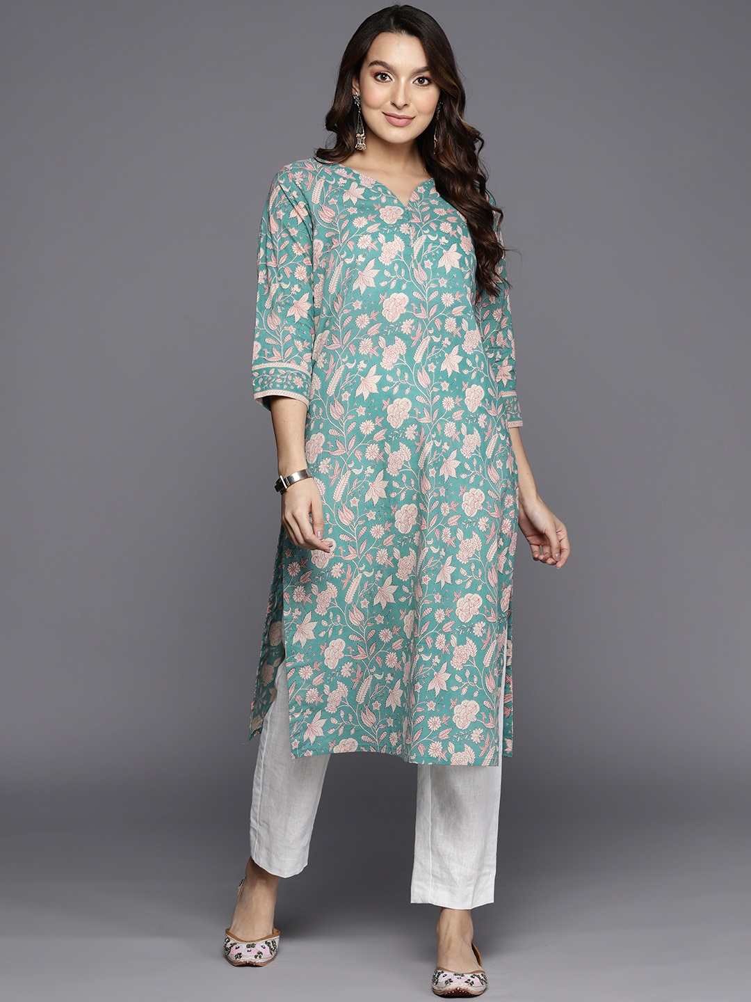 

Fabindia Floral Hand Screen Print Pure Cotton Straight Kurta, Turquoise blue