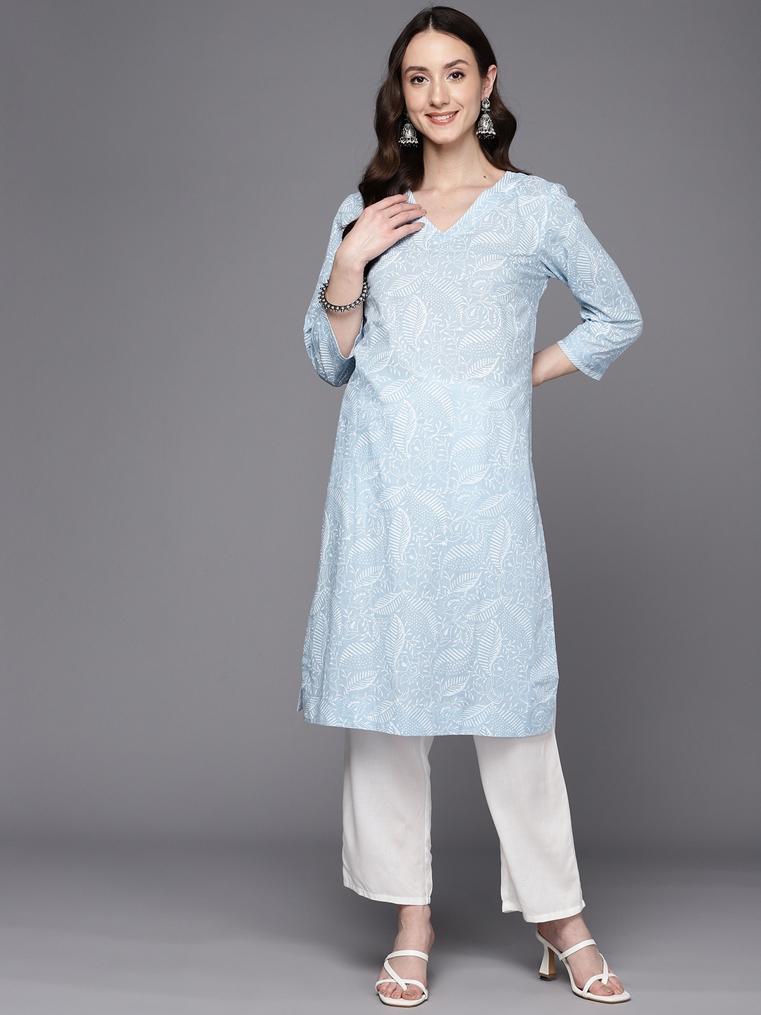 

Fabindia Ethnic Motifs Hand Block Printed Pure Cotton Kurta, Blue