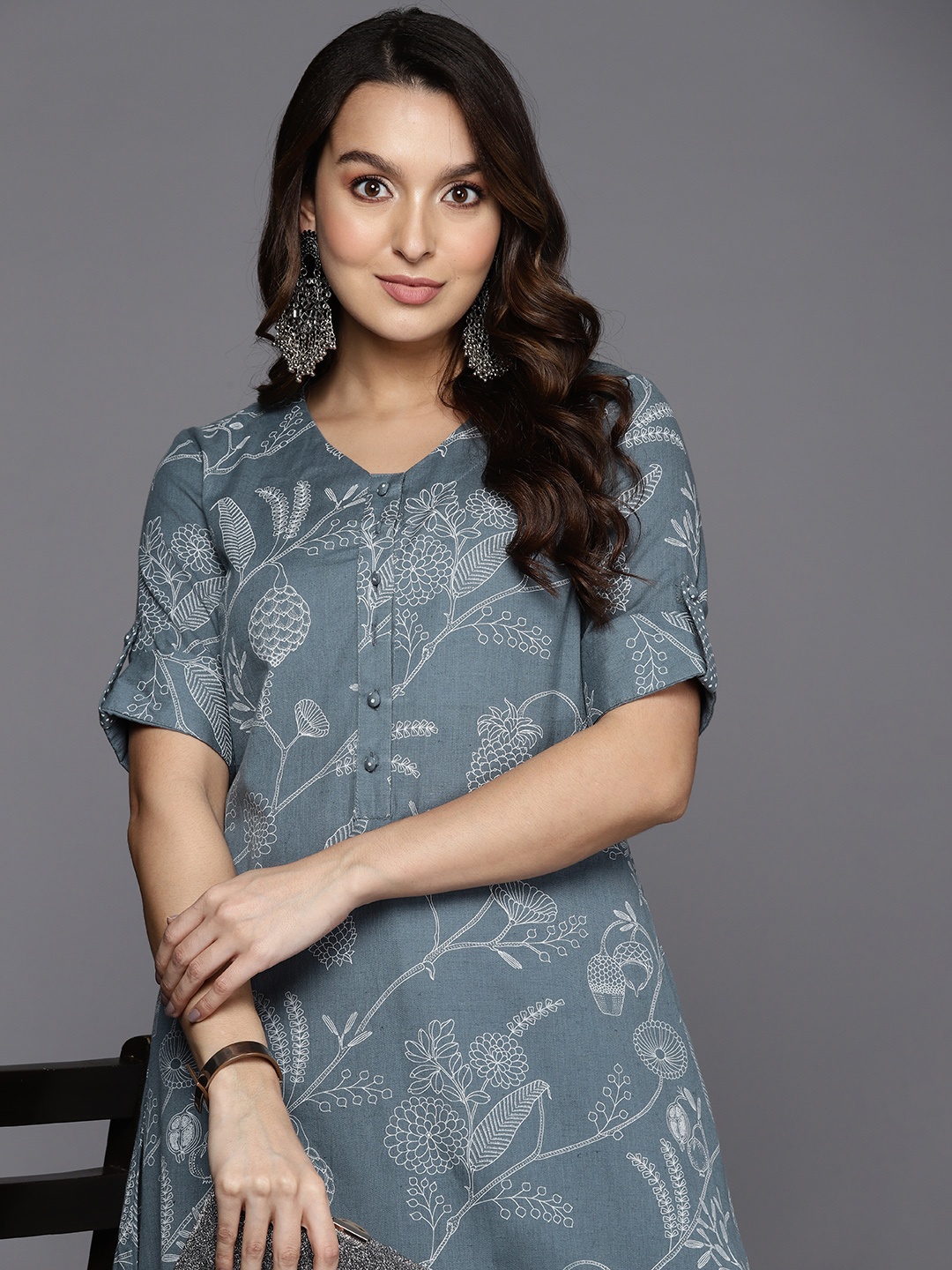 

Fabindia Cotton Linen Floral Print A-Line Kurta, Grey