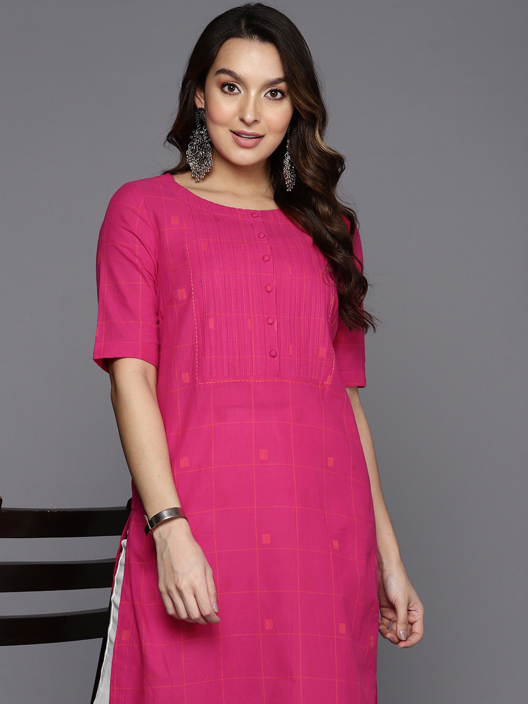 

Fabindia Checked Pintuck Yoke Design Pure Cotton Straight Kurta, Fuchsia