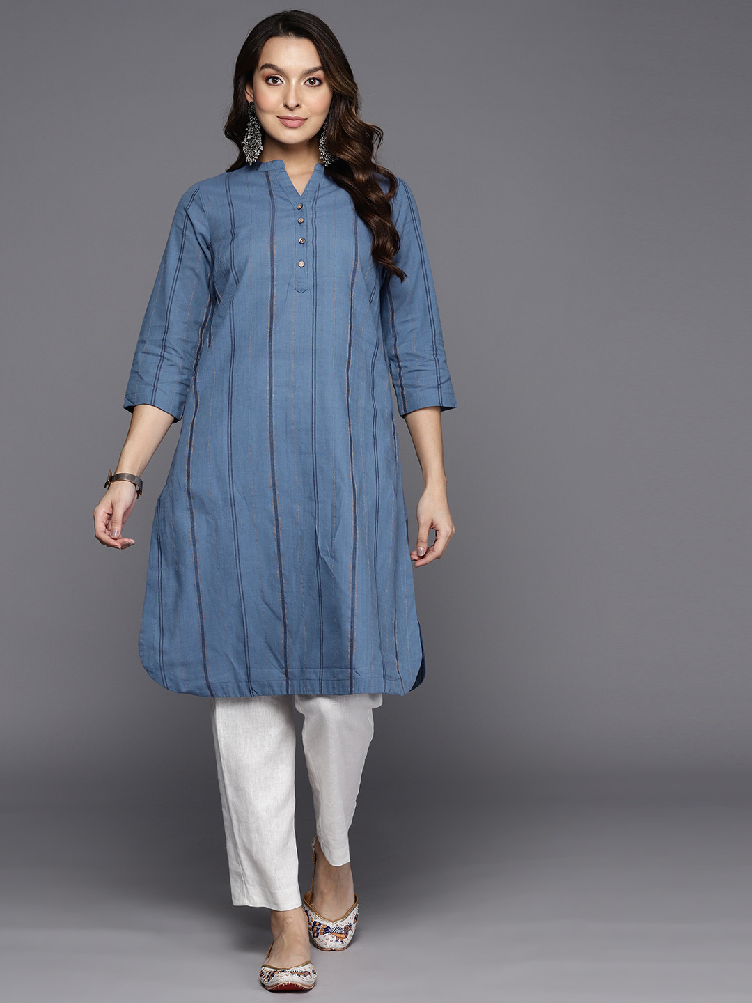

Fabindia Self-Striped Straight Kurta, Blue
