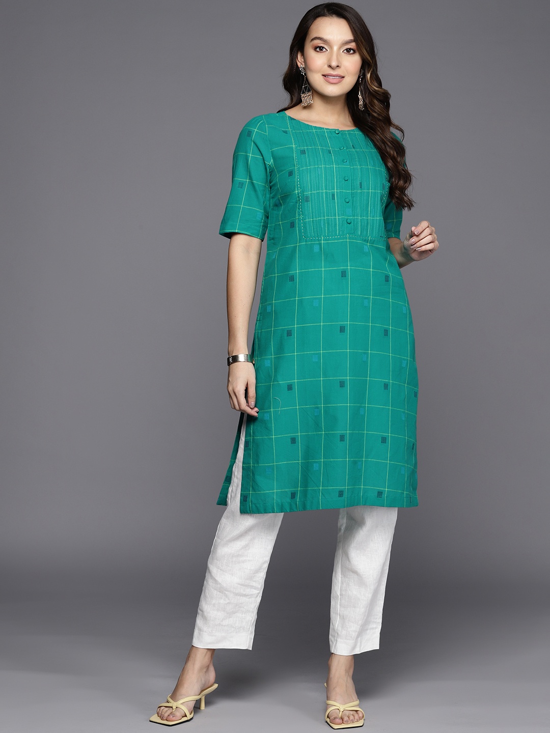 

Fabindia Checked Thread Work Detailed Pure Cotton Straight Kurta, Green