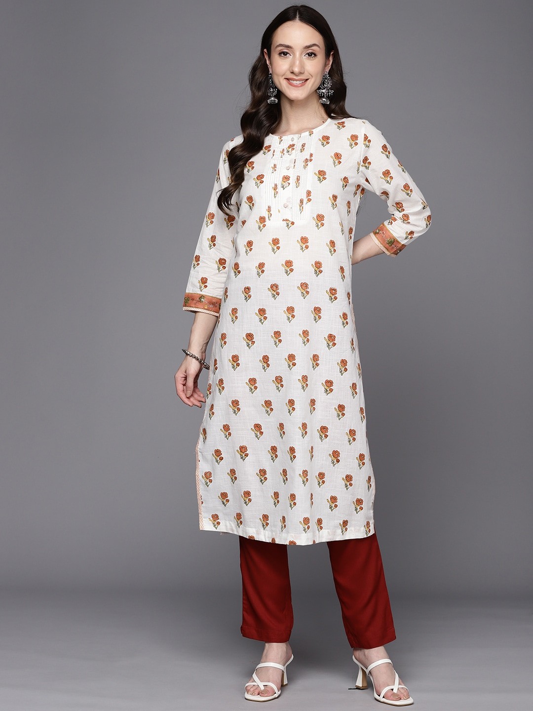 

Fabindia Floral Hand Block Printed Pure Cotton Straight Kurta, White