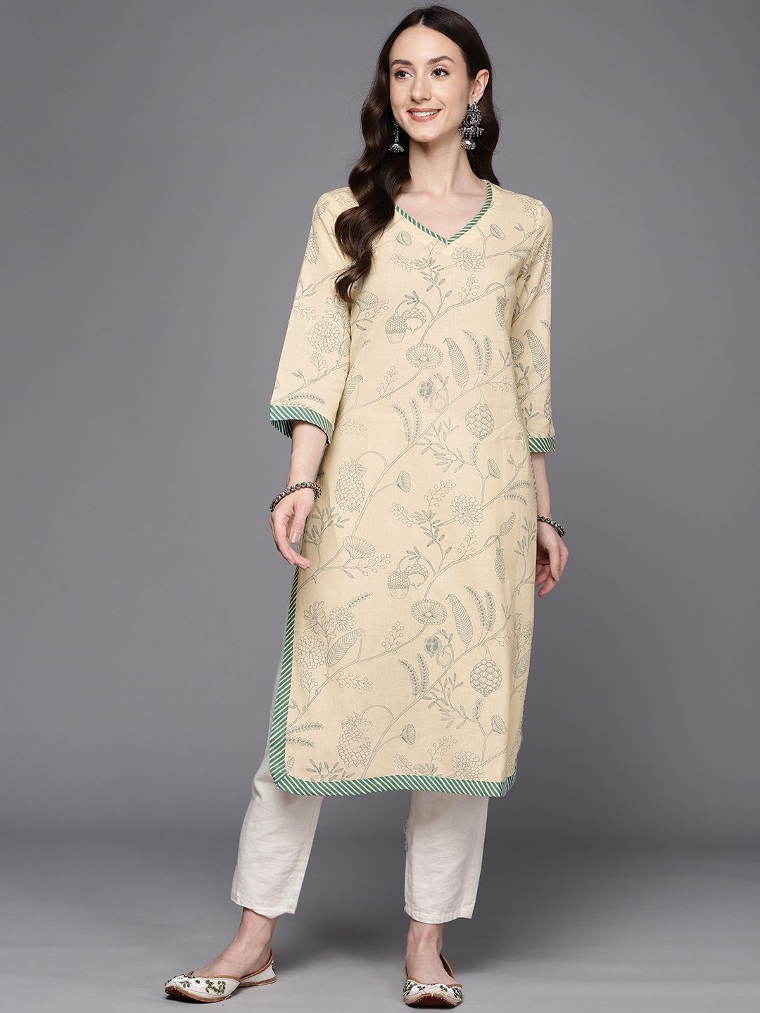 

Fabindia Cotton Linen Floral Printed Straight Kurta, Yellow