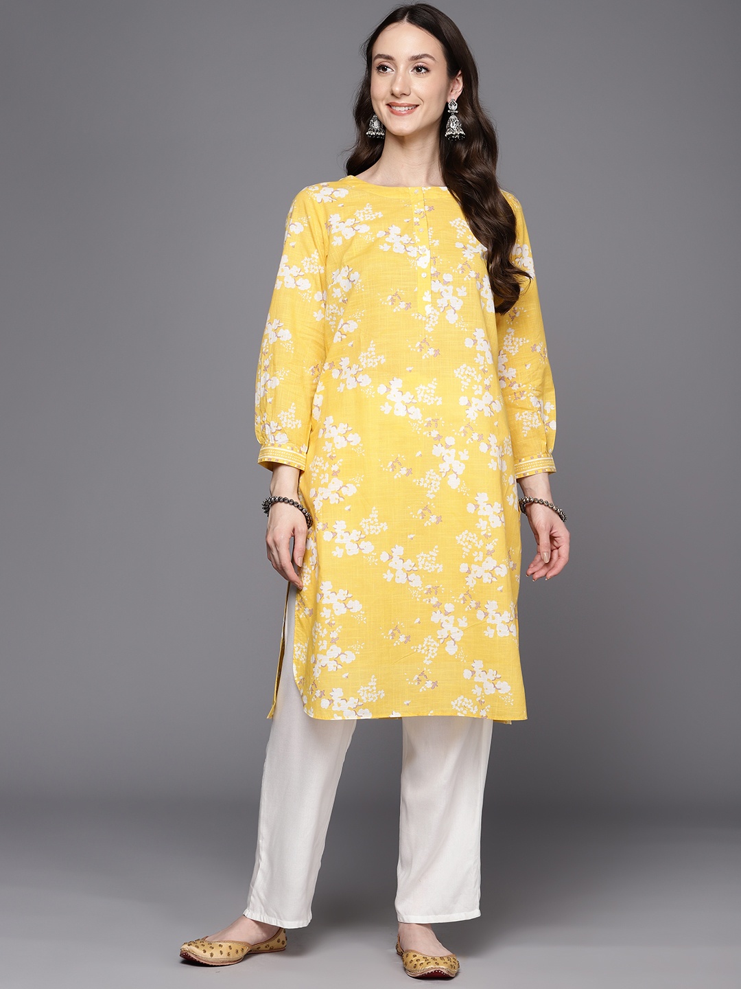 

Fabindia Pure Cotton Floral Printed Straight Kurta, Yellow
