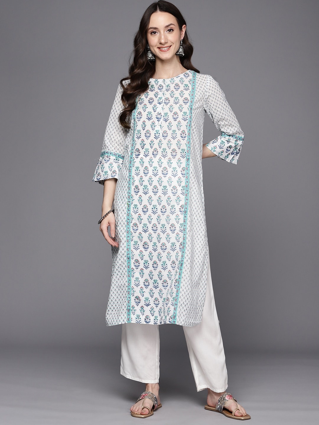 

Fabindia Pure Cotton Floral Printed Bell Sleeves Hand Block Print Kurta, Blue