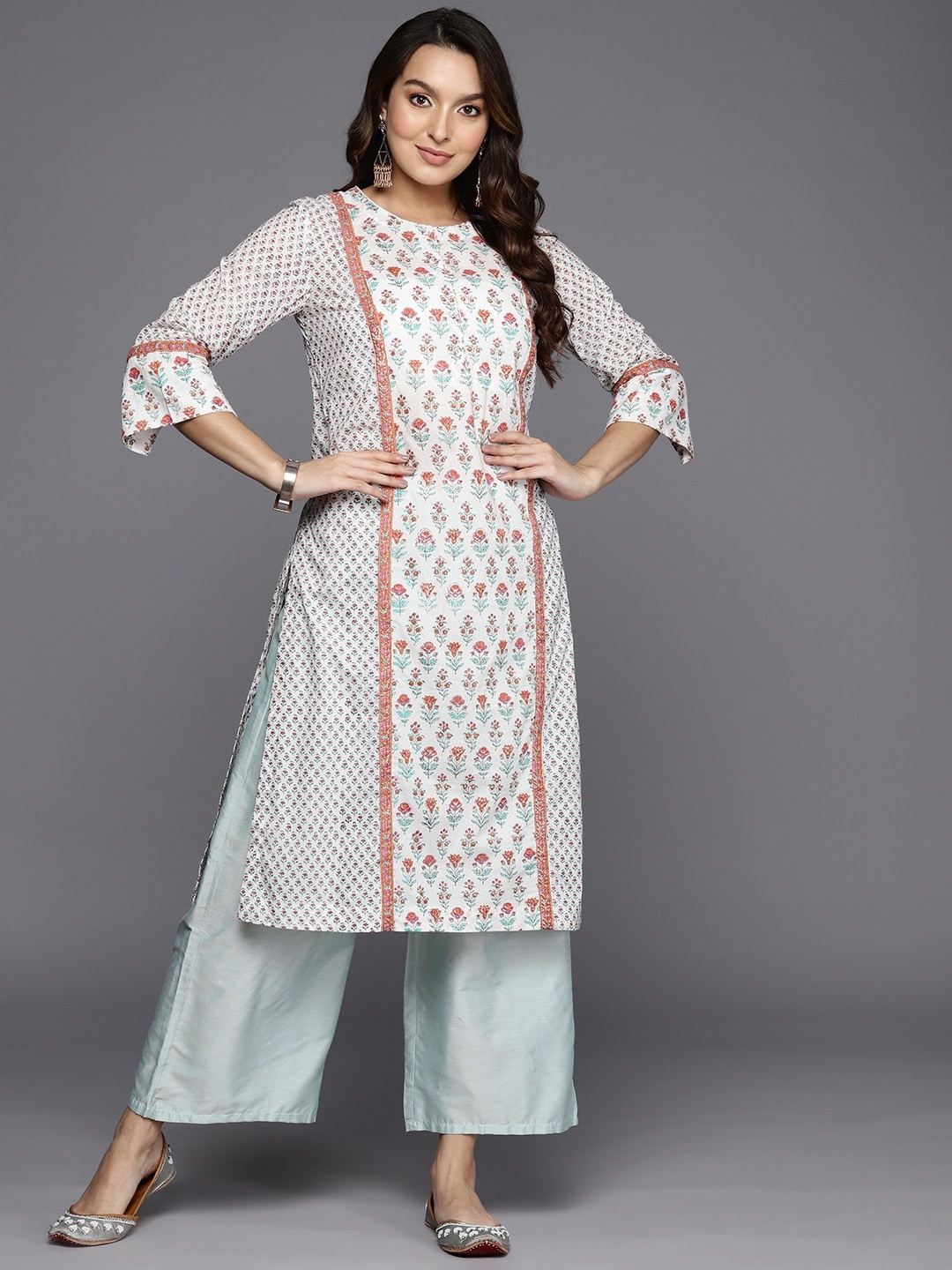 

Fabindia Floral Hand Block Printed Pure Cotton Straight Kurta, White