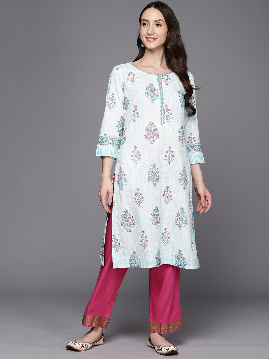 

Fabindia Pure Cotton Block Print Floral Printed Bell Sleeves Hand Kurta, White