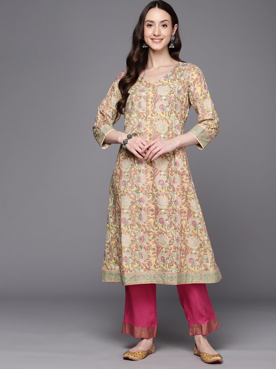 

Fabindia Floral Hand Block Printed Pure Cotton A-Line Kurta, Yellow
