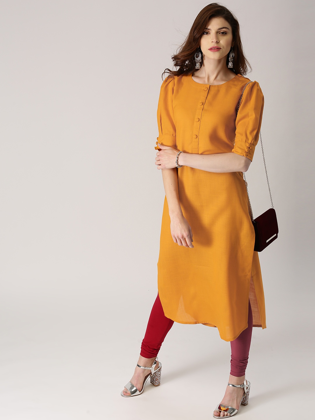 

Libas Women Mustard Yellow Solid Straight Kurta