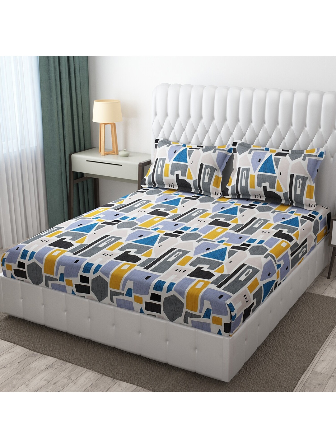 

Bajo's Grey & Blue Geometric 250 TC King Cotton Bedsheet with 2 Pillow Covers