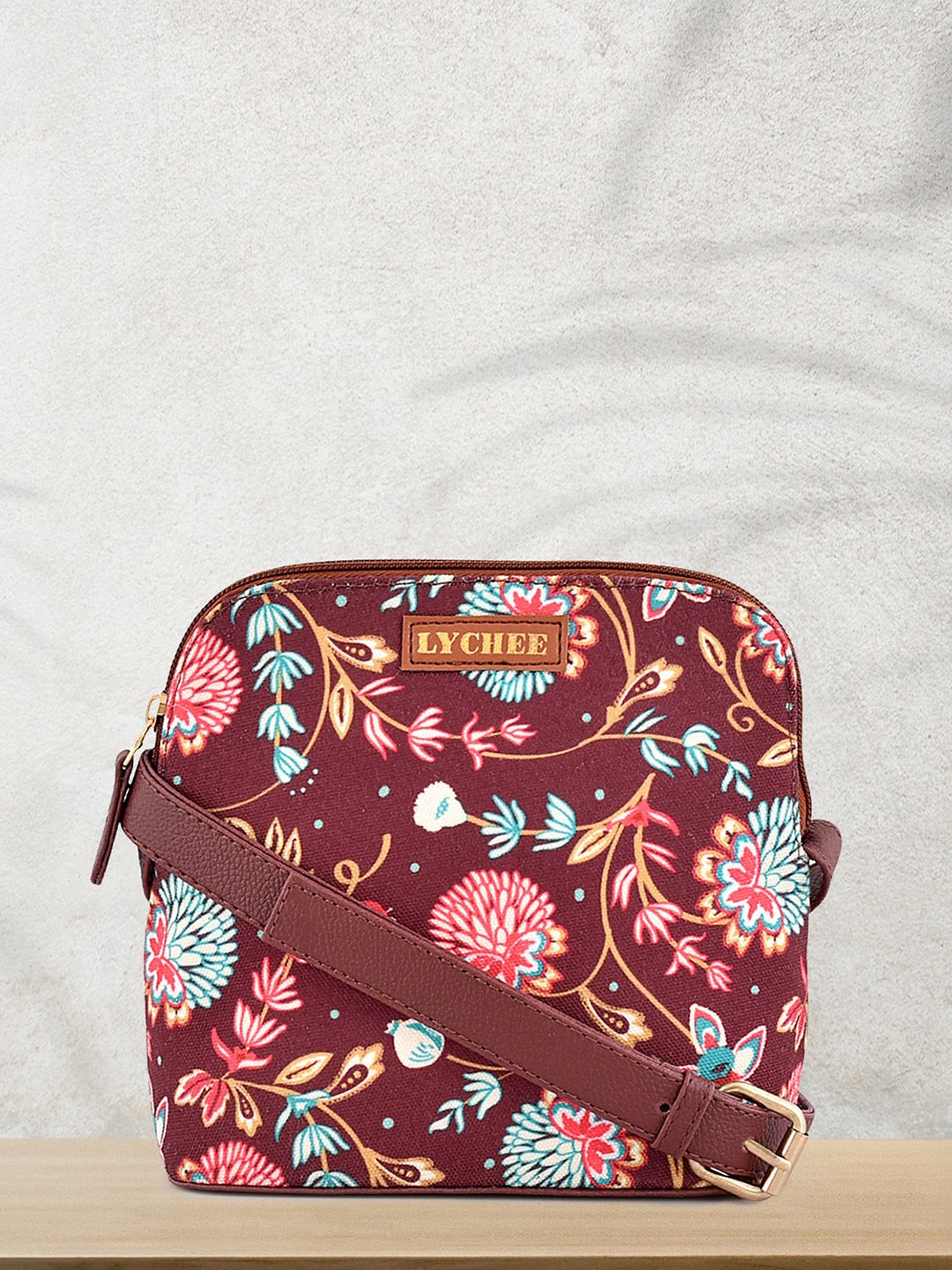 

Lychee bags Floral Printed Structured Sling Bag, Brown