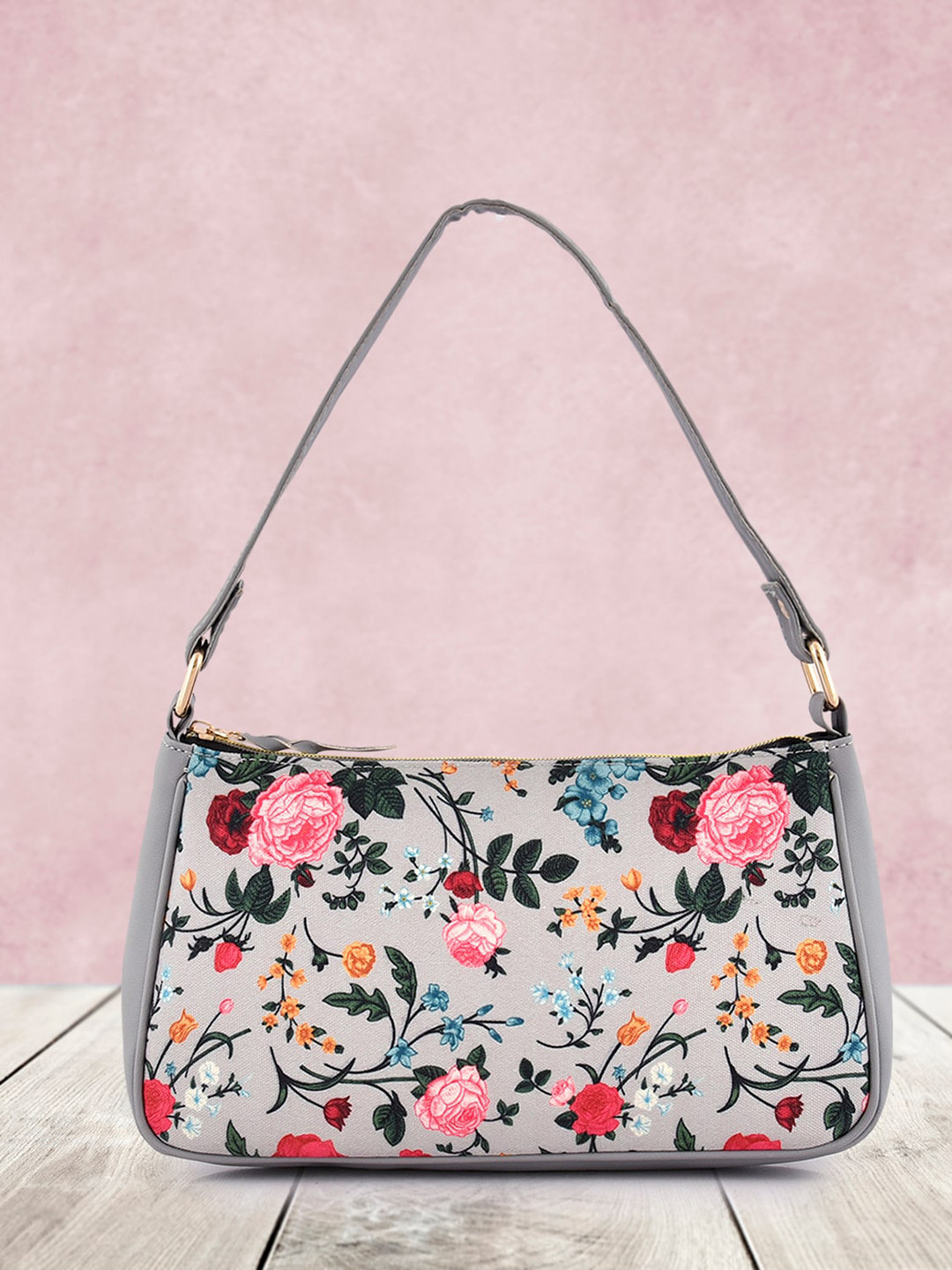 

Lychee bags Floral Printed Structured Handheld Bag, Grey