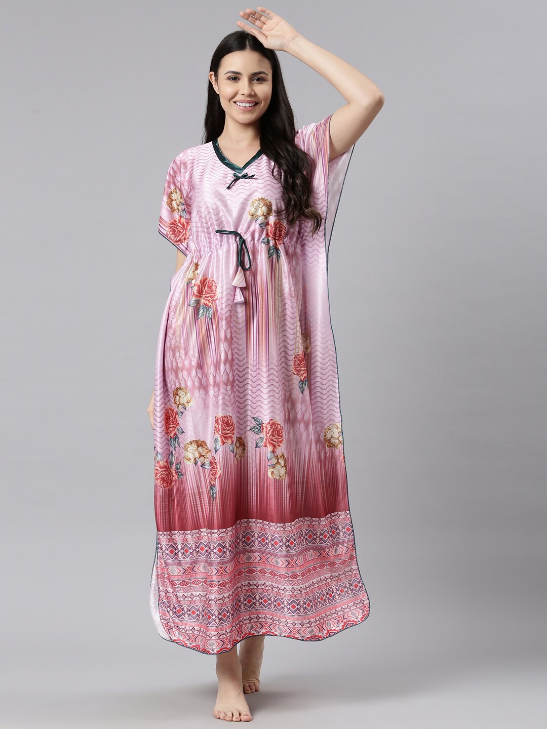

TRUNDZ Women Floral Printed Satin Maxi Nightdress, Pink