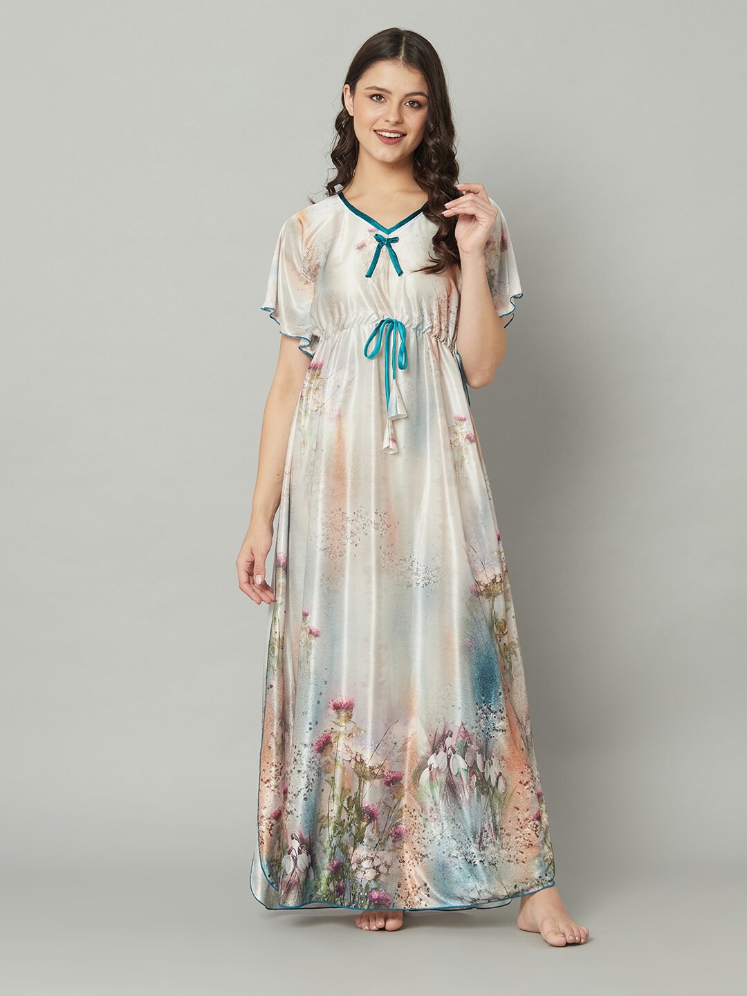 

TRUNDZ Women Floral Printed Satin Maxi Nightdress, Grey