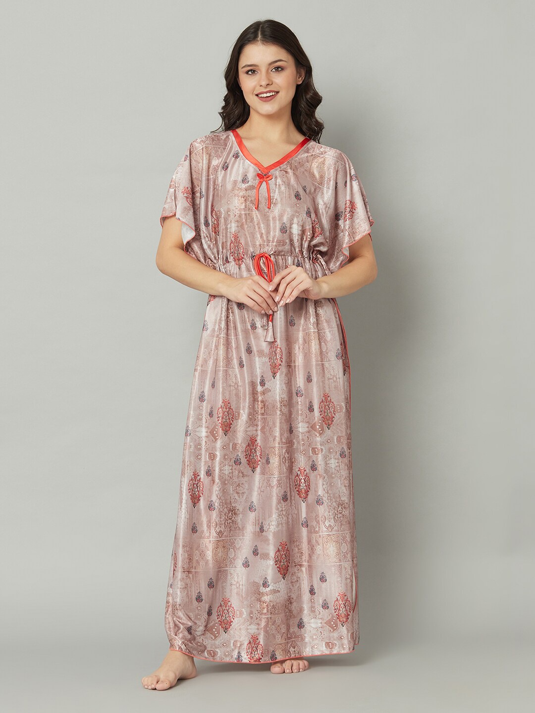 

TRUNDZ Women Floral Printed Satin Maxi Nightdress, Brown