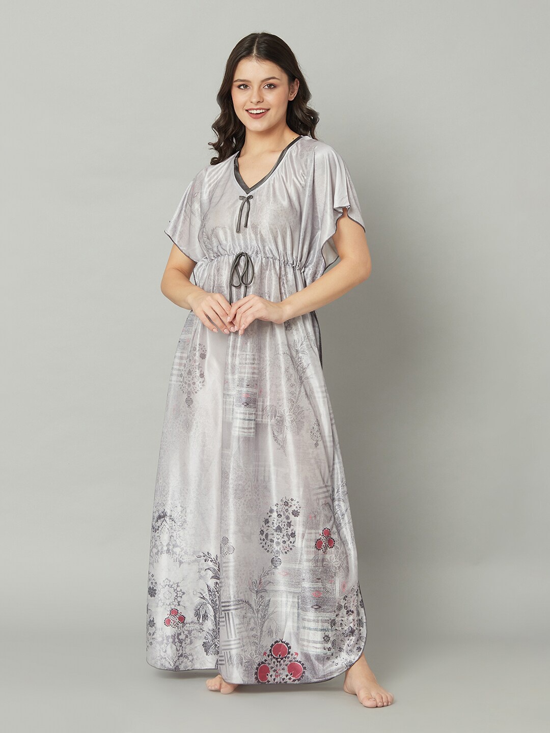 

TRUNDZ Women Floral Printed Satin Maxi Nightdress, Grey