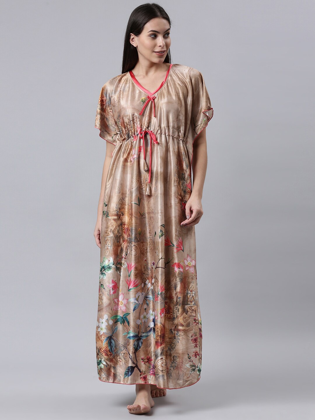 

TRUNDZ Women Floral Printed Satin Kaftan Maxi Nightdress, Beige