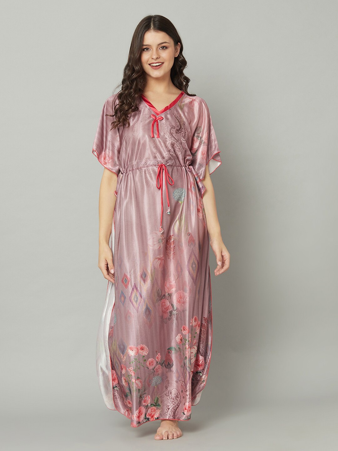 

TRUNDZ Women Floral Printed Satin Maxi Nightdress, Pink