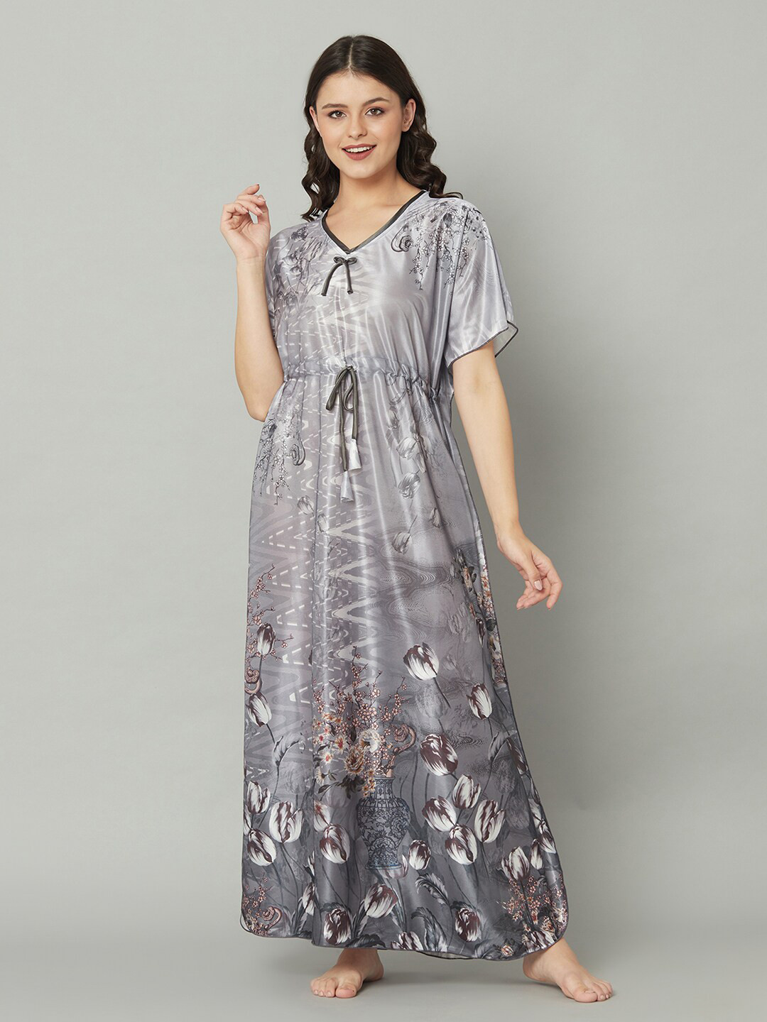 

TRUNDZ Women Floral Printed Satin Maxi Nightdress, Grey
