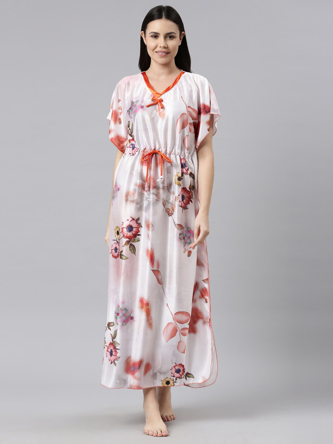 

TRUNDZ Women Printed Satin Maxi Nightdress, White