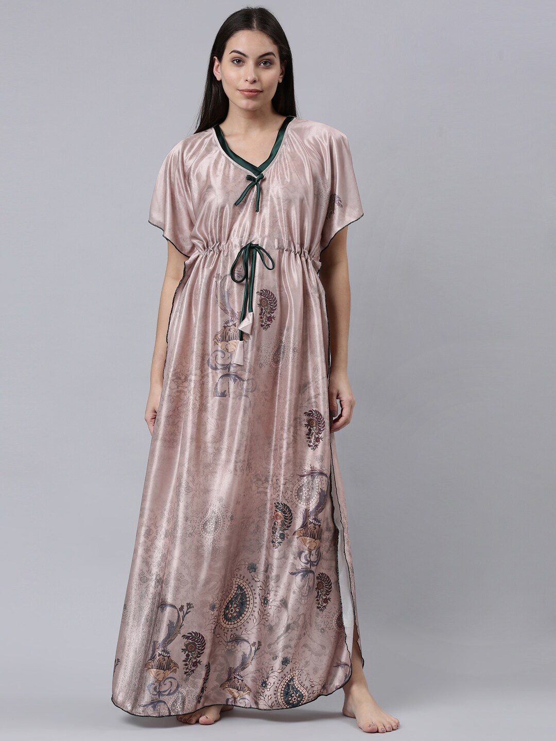 

TRUNDZ Women Printed Satin Maxi Nightdress, Peach