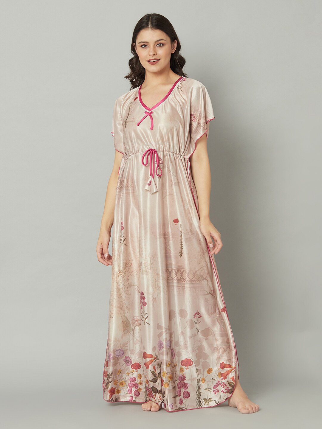 

TRUNDZ Women Printed Satin Maxi Nightdress, Peach